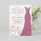 赤面ピンクドレスブライダルシャワーバラ金ゴールド 箔招待状 (立ち正面)