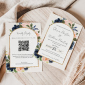 赤面ピンクネイビーフローラアーチQRコードRSVP 結婚's 招待状