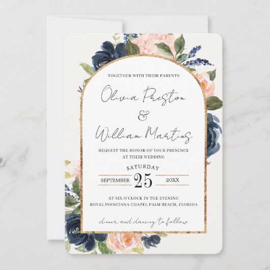 赤面ピンクネイビーフローラアーチQRコードRSVP 結婚's 招待状 (正面)