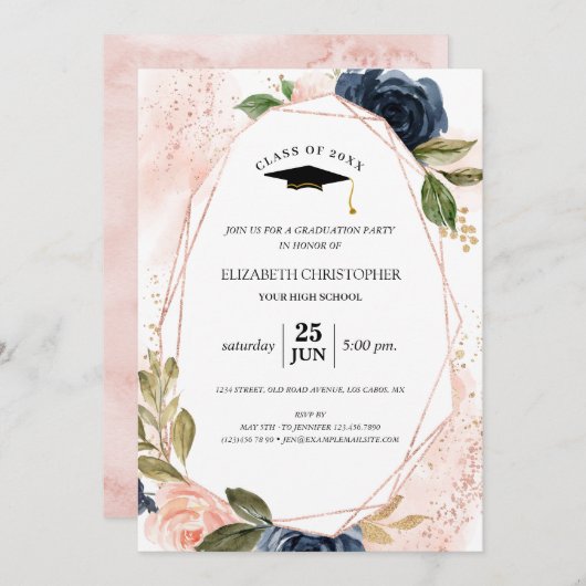 赤面ピンクネイビーフローラ幾何学的フレーム卒業 招待状 (正面/裏面)