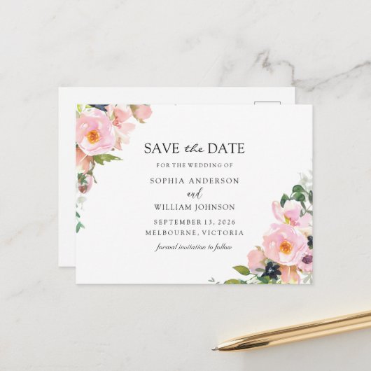 赤面ピンクネイビーフローラ結婚式の日付を保存 案内ポストカード (正面/裏面インサイチュ)
