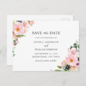 赤面ピンクネイビーフローラ結婚式の日付を保存 案内ポストカード (正面/裏面)