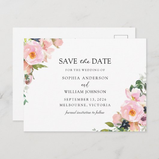 赤面ピンクネイビーフローラ結婚式の日付を保存 案内ポストカード (正面/裏面)