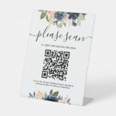 赤面ピンクネイビーフローラ結婚式 プログラムQRコードPed 台座サイン (正面)