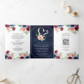 赤面ピンクネイビーブルゴーニュフローラQRコード結婚ズ 三つ折り招待状 (内部)