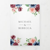 赤面ピンクネイビーブルゴーニュフローラQRコード結婚ズ 三つ折り招待状 (カバー)