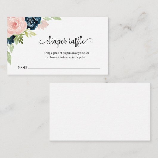 赤面ピンクネイビーブルーおむつラッフルベビーシャワー エンクロージャーカード (正面/裏面)