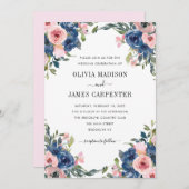 赤面ピンクネイビーブルーウォーターカラーフローラ結婚ズ 招待状 (正面/裏面)