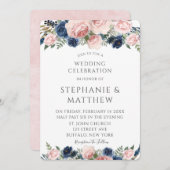 赤面ピンクネイビーブルーウォーター色牡丹結婚ズ 招待状 (正面/裏面)