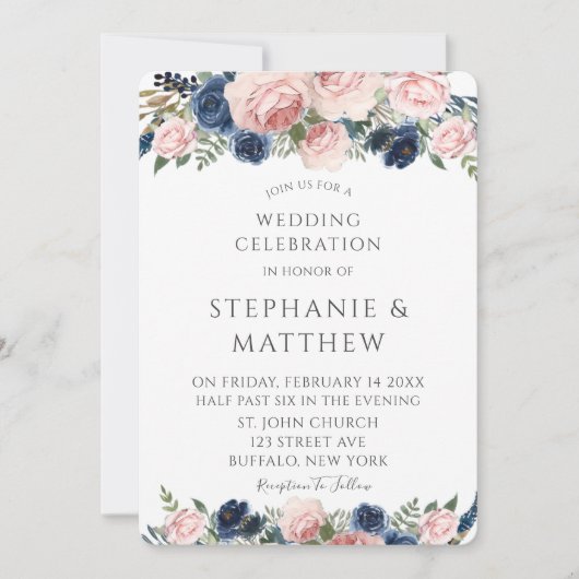 赤面ピンクネイビーブルーウォーター色牡丹結婚ズ 招待状 (正面)