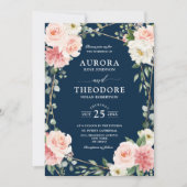 赤面ピンクネイビーブルージオメトリックボタニッ結婚クス 招待状 (正面)