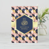 赤面ピンクネイビーブルージオメトリックムスリム結婚ズ 招待状 (スタンド正面)