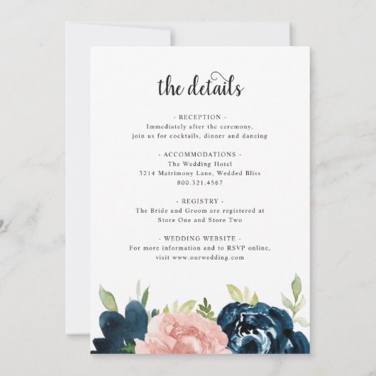 赤面ピンクネイビーブルーフローラオールインワン結婚ズ 招待状 (裏面)