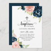 赤面ピンクネイビーブルーフローラガールバプテスマ 招待状 (正面/裏面)