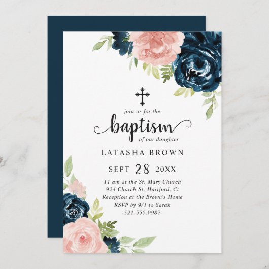 赤面ピンクネイビーブルーフローラガールバプテスマ 招待状 (正面/裏面)