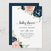 赤面ピンクネイビーブルーフローラガールベビーシャワー 招待状 (正面/裏面)