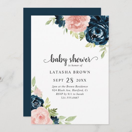赤面ピンクネイビーブルーフローラガールベビーシャワー 招待状 (正面/裏面)