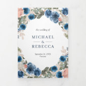 赤面ピンクネイビーブルーフローラフォトコラージュ結婚ズ 三つ折り招待状 (カバー)