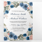 赤面ピンクネイビーブルーフローラフォトコラージュ結婚ズ 三つ折り招待状 (内部最初)