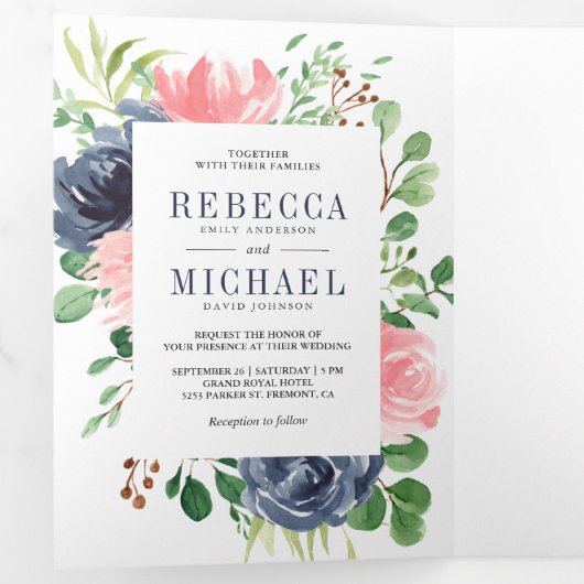 赤面ピンクネイビーブルーフローラフォトコラージュ結婚ズ 三つ折り招待状 (内部最初)