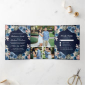 赤面ピンクネイビーブルーフローラミッドナイトフォト結婚ズ 三つ折り招待状 (内部)