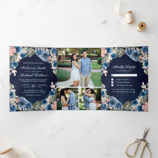 赤面ピンクネイビーブルーフローラミッドナイトフォト結婚ズ 三つ折り招待状 (内部)