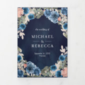 赤面ピンクネイビーブルーフローラミッドナイトフォト結婚ズ 三つ折り招待状 (カバー)