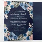 赤面ピンクネイビーブルーフローラミッドナイトフォト結婚ズ 三つ折り招待状 (内部最初)