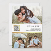 赤面ピンクネイビーブルーフローラ写真QRコード結婚ズ 招待状 (裏面)