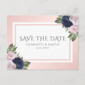 赤面ピンクネイビーブルーフローラ結婚式の日付を保存 案内ポストカード (正面)