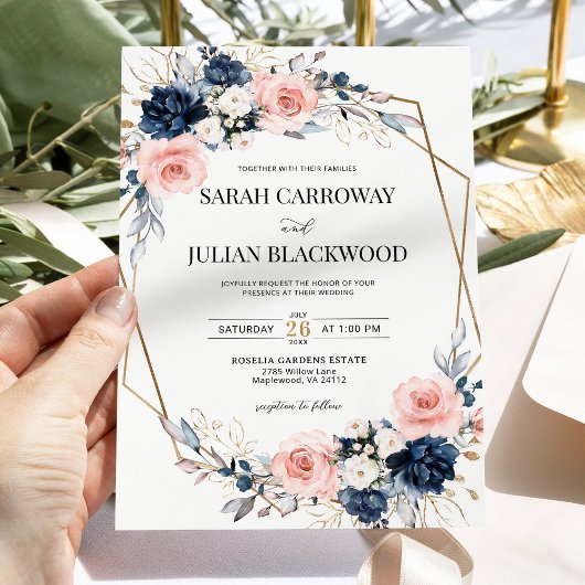 赤面ピンクネイビーブルーフローラ金ゴールドジオメトリック結婚ス 招待状