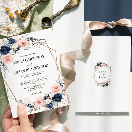 赤面ピンクネイビーブルーフローラ金ゴールドジオメトリック結婚ス 招待状