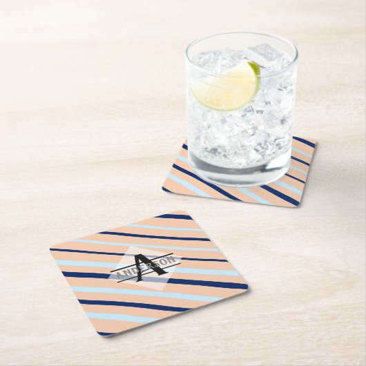 赤面ピンクネイビーブルーモノグラム スクエアペーパーコースター (インサイチュ)