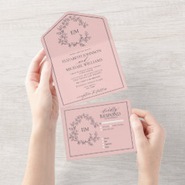 赤面ピンクネイビーブルーリーフェリークレストモノグラム結婚ズ オールインワン招待状