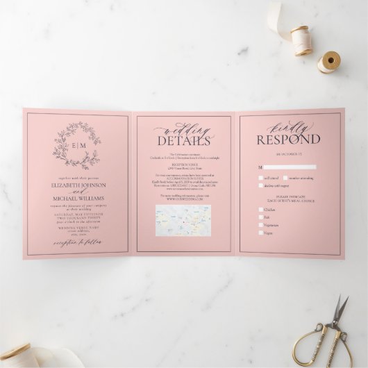 赤面ピンクネイビーブルーリーフェリークレストモノグラム結婚ズ 三つ折り招待状 (内部)