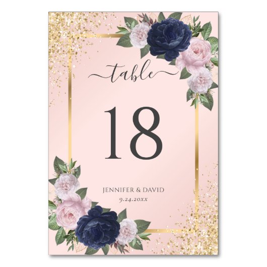 赤面ピンクネイビーブルー金ゴールドフローラ結婚ズ テーブルナンバー (正面)