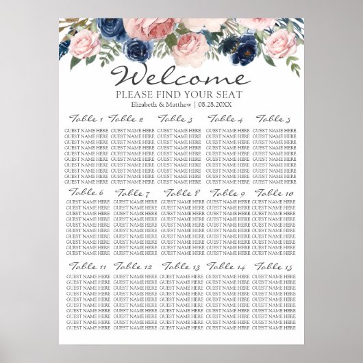 赤面ピンクネイビー結婚ブルーフローラ座席表 ポスター (正面)