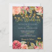 赤面ピンクネイビー金ゴールドバラ結婚タイポグラフィ 招待状 (正面)