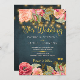 赤面ピンクネイビー金ゴールドバラ結婚タイポグラフィ 招待状