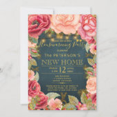 赤面ピンクネイビー金ゴールドライト引っ越し祝いパーティーパーティー 招待状 (正面)