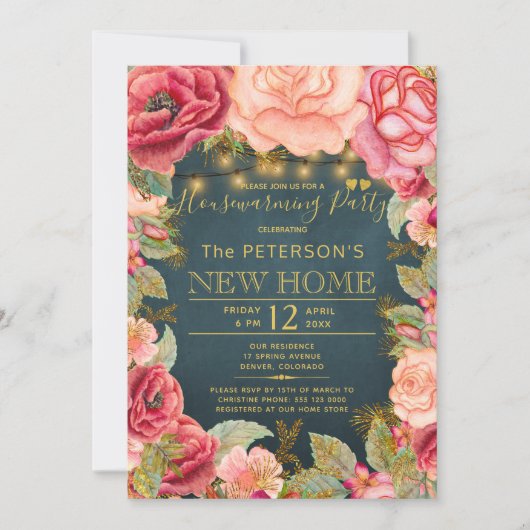 赤面ピンクネイビー金ゴールドライト引っ越し祝いパーティーパーティー 招待状 (正面)