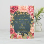 赤面ピンクネイビー金ゴールドライト引っ越し祝いパーティーパーティー 招待状 (スタンド正面)