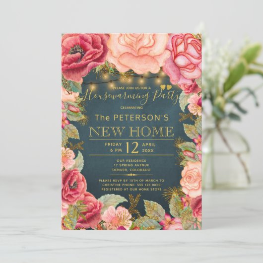 赤面ピンクネイビー金ゴールドライト引っ越し祝いパーティーパーティー 招待状 (スタンド正面)