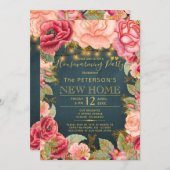 赤面ピンクネイビー金ゴールドライト引っ越し祝いパーティーパーティー 招待状 (正面/裏面)