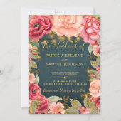 赤面ピンクネイビー金ゴールドロマンチック庭園の結婚式 招待状 (正面)
