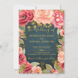 赤面ピンクネイビー金ゴールドロマンチック庭園の結婚式 招待状