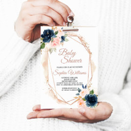 赤面ピンクネイビー&金ゴールドベビーシャワー招待状 招待状