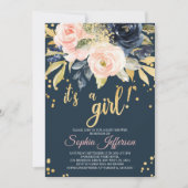 赤面ピンクネイビー&金ゴールドベビーシャワー招待状 招待状 (正面)