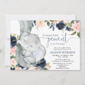 赤面ピンクネービーブルーエレファント男女兼用ベビー 招待状 (正面)