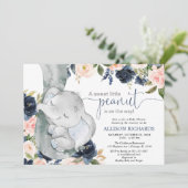 赤面ピンクネービーブルーエレファント男女兼用ベビー 招待状 (スタンド正面)